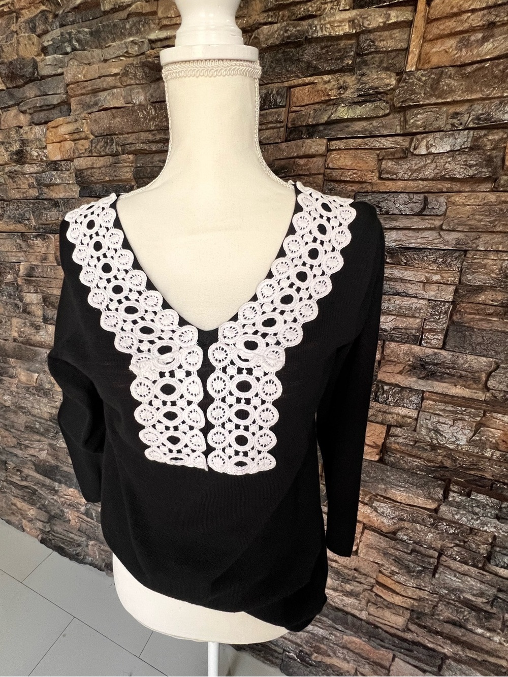 Cable & Gauge Black Top with White Crochet V-Neck Panel
